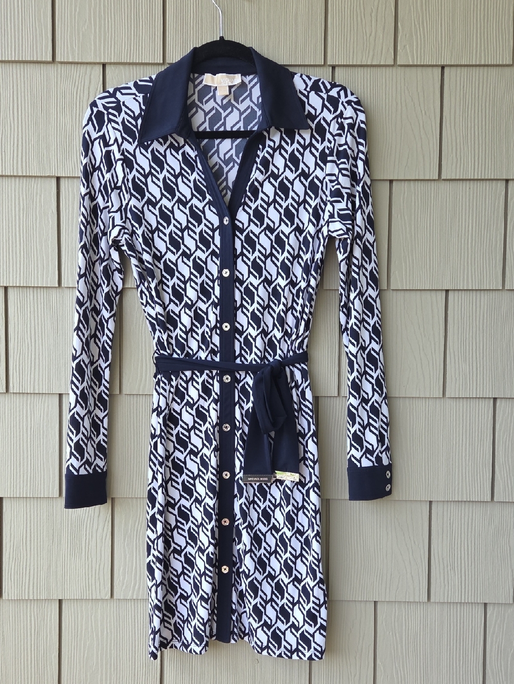 Michael Kors Navy and White Geometric Shirt Dress with Tie Belt